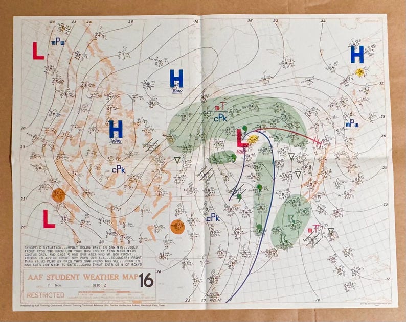 Retro Weather Map 1944 US Army WW2 Student Training Maps, Weather Chart / Poster - Etsy ...