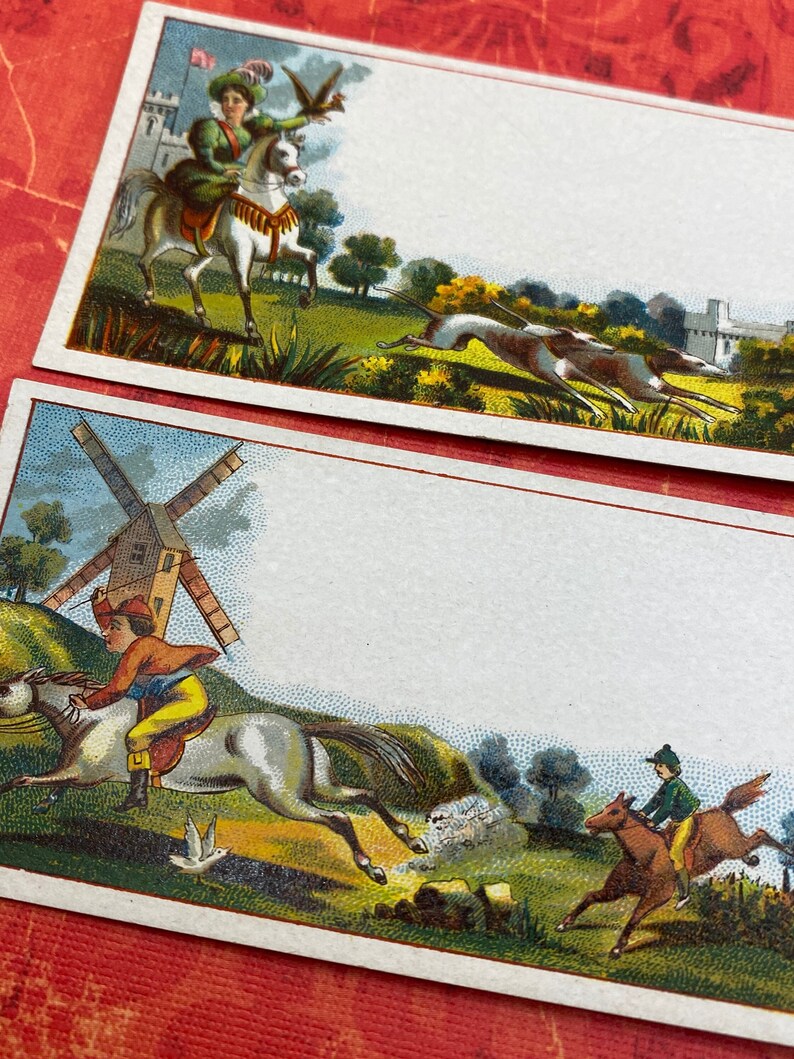 May include: Two vintage illustrations of people riding horses. The top image shows a person in a green outfit riding a white horse with a red flag in the background. The bottom image shows a person in a yellow and blue outfit riding a white horse with a windmill in the background.