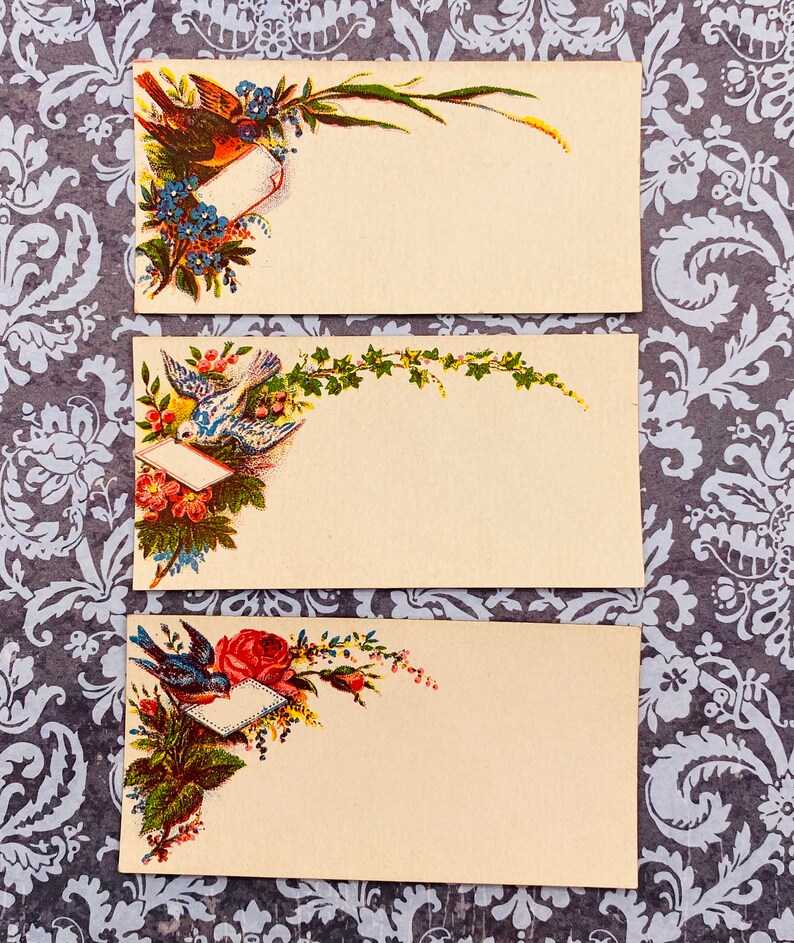 May include: Three vintage blank cards with floral and bird designs. Each card has a blank space for writing. The cards are cream colored with a light yellow tint.