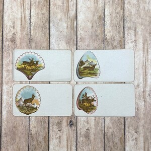 May include: Four vintage place cards with a white background and a seashell design featuring a deer in a forest scene. The seashells are in shades of blue, green, and brown.
