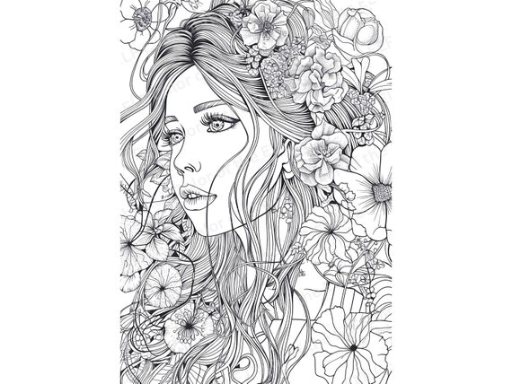 Coloring Page Floral Girl Printable Coloring Pages Adult Grayscale Coloring  Page Original Line Art Illustrations Gift for Her PDF Poster 