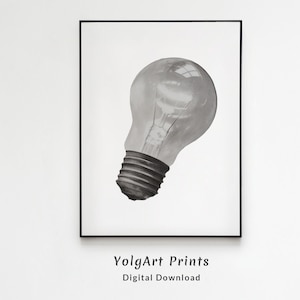 Light Bulb Black and White, Lightbulb Print, Lightbulb Moment, Still Life for Kitchen Decor, Sketch Drawing Print