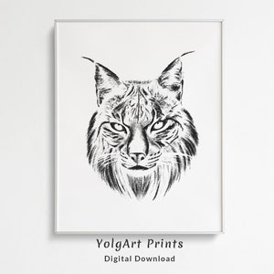 Luchs Poster Druck, Schwarz weiß Luchs Zeichnung, druckbare Kunst, Lynx Kunstdruck, druckbare Bleistiftzeichnung, schwarz weiß Poster Druck