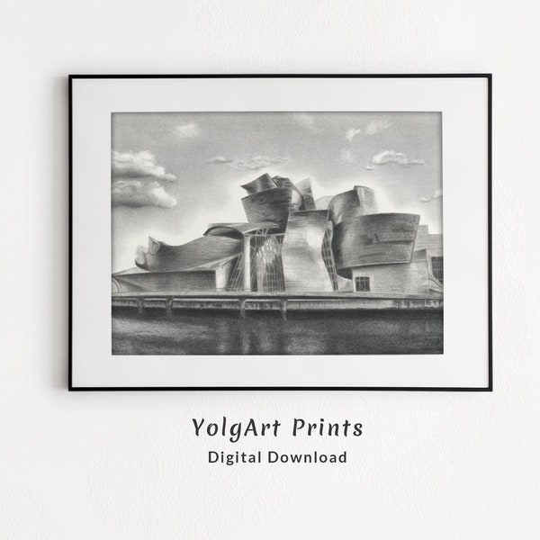 Guggenheim Bilbao Museum, Cityscape Digital, Sketch Drawing, Cityscape Wall Art Print, Landmark Wall Decor, Guggenheim Poster