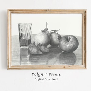 Bodegón de Frutas a Lápiz, Bodegón en Blanco y Negro, Cuadro para Decorar la Cocina, Dibujo para Impresión Digital