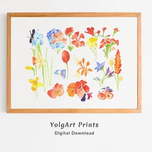 Flores Acuarela para Decorar Cocina, Decoración del Cuarto de Baño, Impresión Digital de Flores para Pared, Flores Descarga Digital
