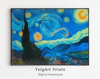 Van Gogh Print, Starry Night Print, Art Replica Drawings, Famous Painting Van Gogh, Starry Night Instant download, Famous Art Replica