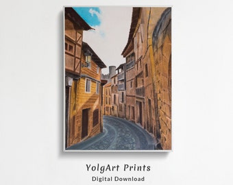 Stampa di un villaggio spagnolo: Frías, Burgos - Paesaggio a matita pastello (download digitale)