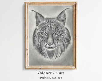 Black and white lynx drawing, Animal Art Print, Wildlife Drawings, Pencil Drawing Animal, Lynx poster, Hand Drawn Sketch