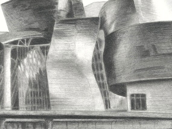 Guggenheim Bilbao Museum Print: Black and White Pencil Drawing