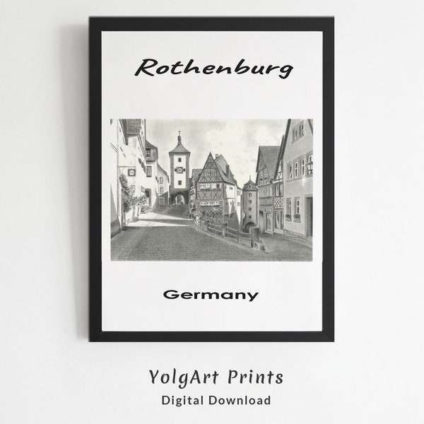 Rothenburg Deutschland Bleistift Zeichnung, Rothenburg Malerei, Skizze Wandkunst, Wahrzeichen Drucke, Schwarz Weiß Stadt Skizze