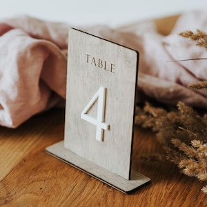 Può includere: Numero di tavolo in legno con il numero "4" in bianco su sfondo grigio. Il testo "TABLE" è scritto in nero sopra il numero. Il numero di tavolo è su una superficie di legno.