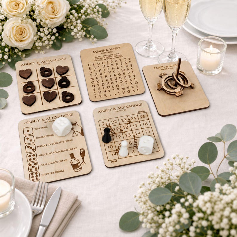 a table setting with various items, including wooden coasters, a candle, and a floral arrangement.