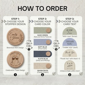The image is a step-by-step guide on how to order a personalized wooden coaster or coaster-shaped object. It provides three different options for choosing the design, color, and text, as well as instructions on how to order and receive the coaster.