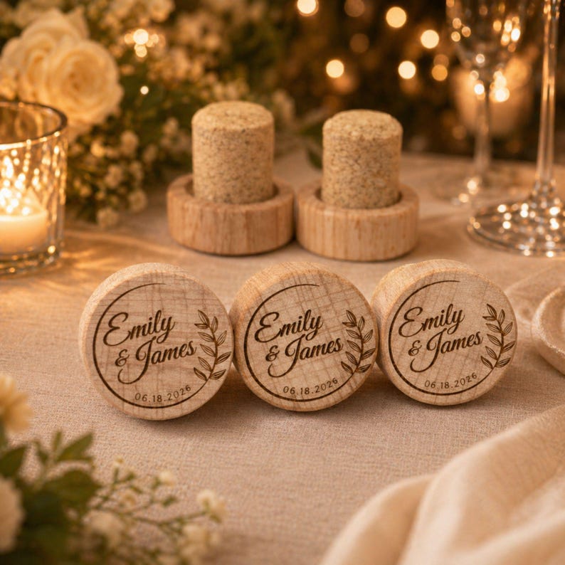 three wooden corks with the names "Emma & James" engraved on them, placed on a table with a floral arrangement and candles in the background.