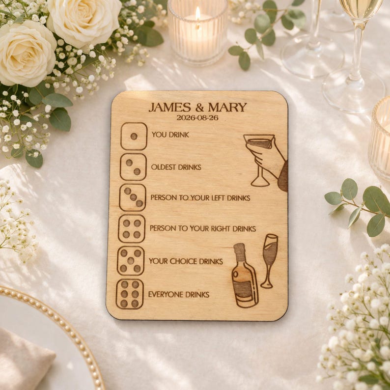 A wooden sign with text and illustrations, placed on a table with white flowers and candles.