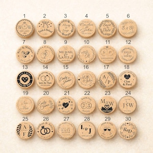 a collection of various wedding-themed cork coasters, each with unique designs and text.