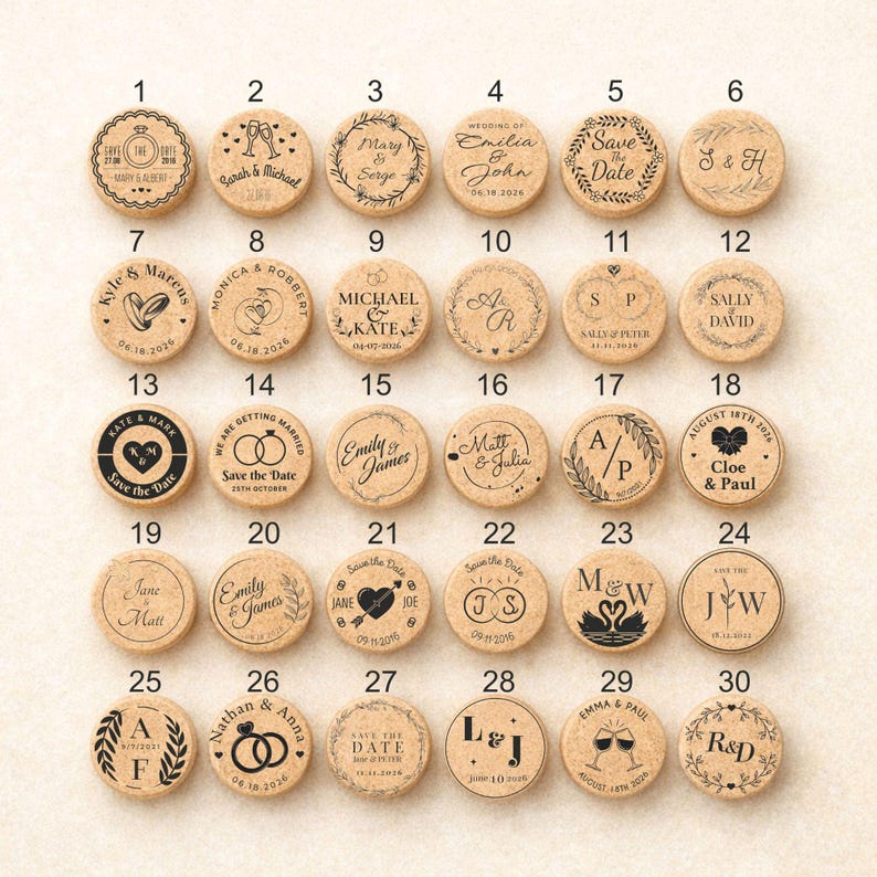 a collection of various wedding-themed cork coasters, each with unique designs and text.