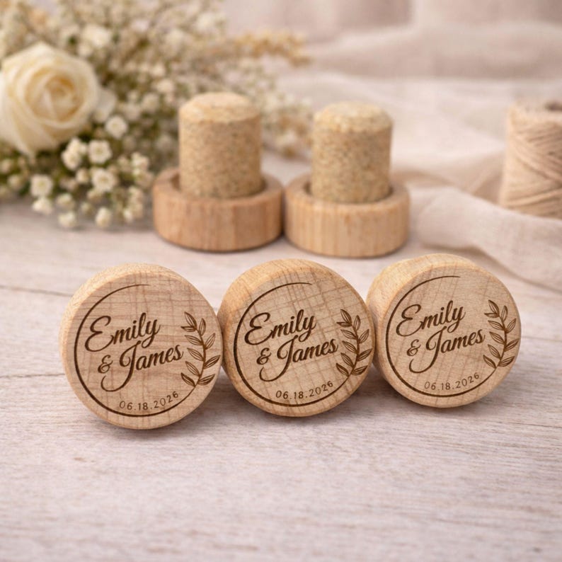 Three wooden cork stoppers with engraved names and dates, placed on a wooden surface with a floral arrangement in the background.
