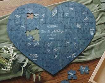 Wedding Guest Book Puzzle, Wooden Puzzle Guestbook Alternative, Heart Jigsaw Sign-In, Rustic Wedding Decor, Custom Names Keepsake