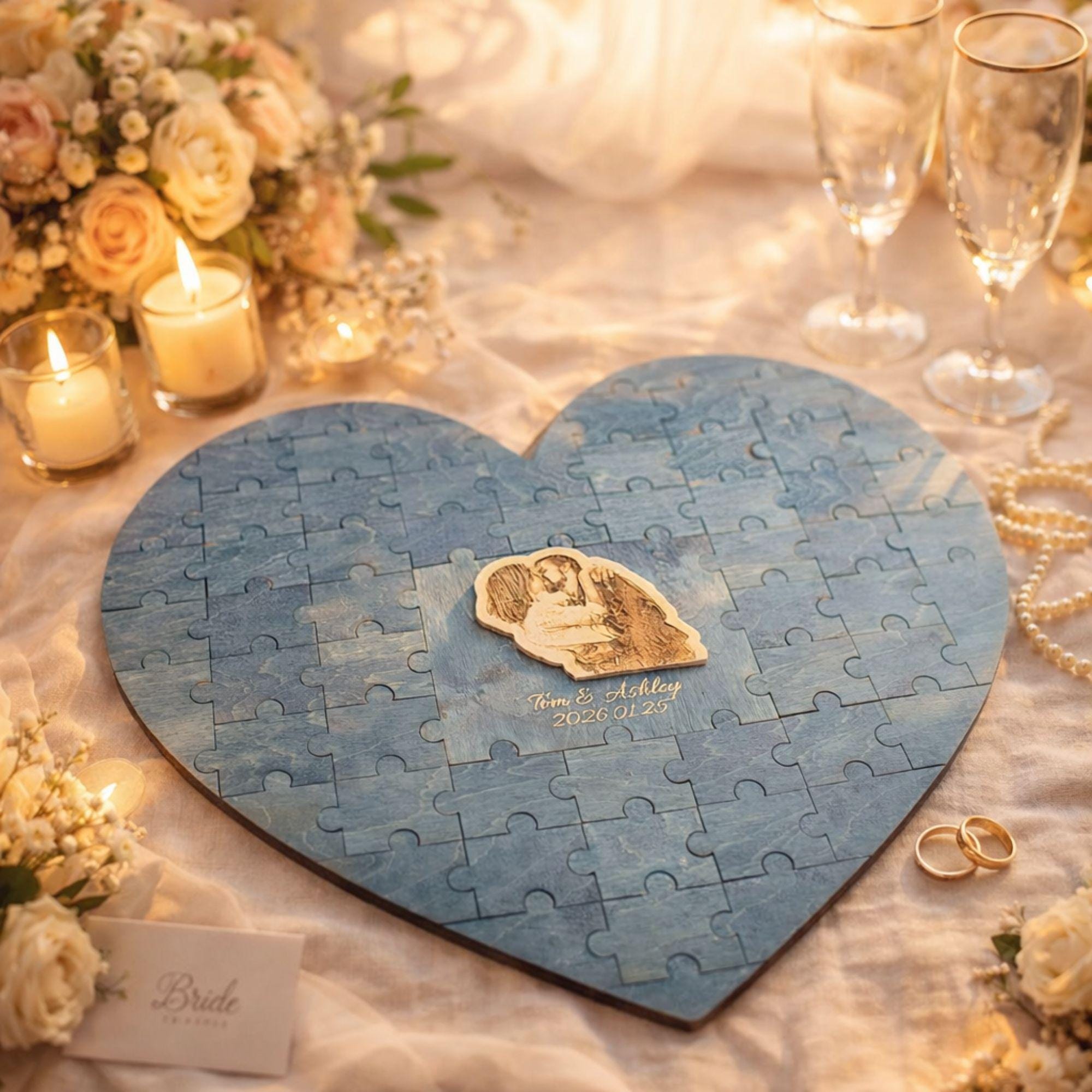 Photo Guest Book, Rustic Wooden Wedding Puzzle with Names, Date and Custom Text