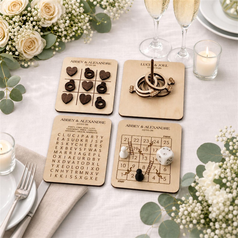 a table setting with various items, including a wooden card with a game, a candle, and a floral arrangement.