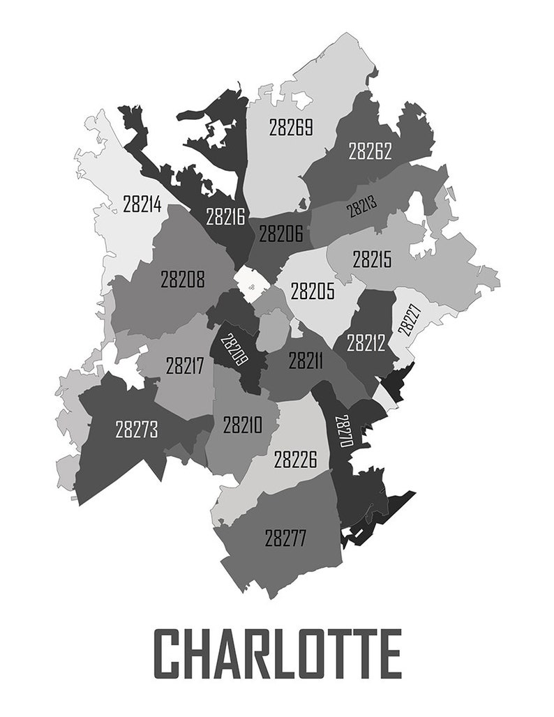 Charlotte Zip Code Map Print Zipcode North Carolina Etsy