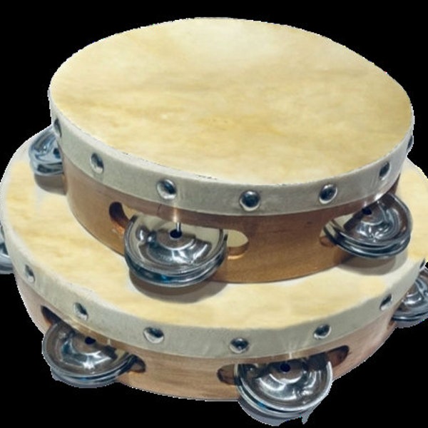 Set Of Two New Church TAMBOURINES Size 6" & 8" - CP Made, Single Row Steel Jingles, Natural Goat Skin Heads. -