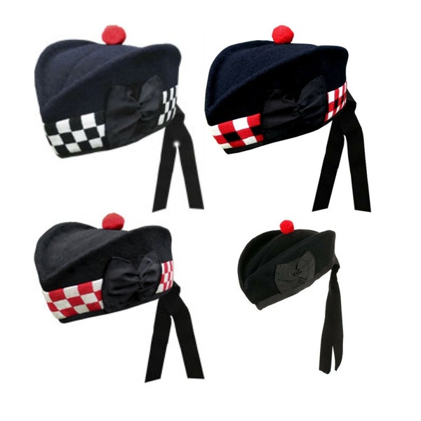 Scottish Glengarry Caps, Most Sizes With Different Colors Checker Braids & Red Pom Pom on Black Wool Material in Excellent Quality - CP Made