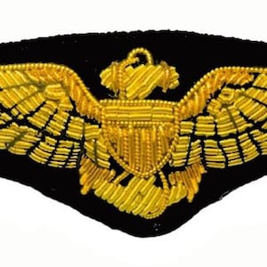 US Navy Air Corp Pilot Gold Bullion Chest With 3&quot; Embroidery Size, Two Butterfly Pins at back - Current Issue - Excellent Quality Embroidery