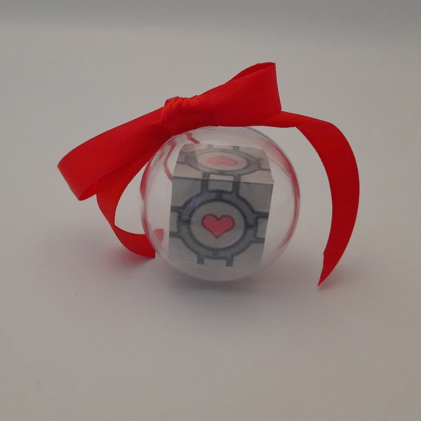 Popular Portal companion cube xmas bauble hanging decorations,wooden handmade block incased in a plastic bauble with ribbon.
