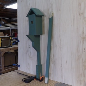 Handcrafted Bluebird Birdhouse with Window View and Treaded Wood Mounting Pole.