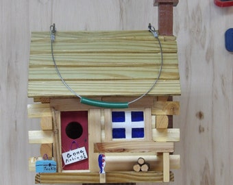 Handcrafted Fisherman's Log Cabin Birdhouse Decorative or Functional good for Small Birds.