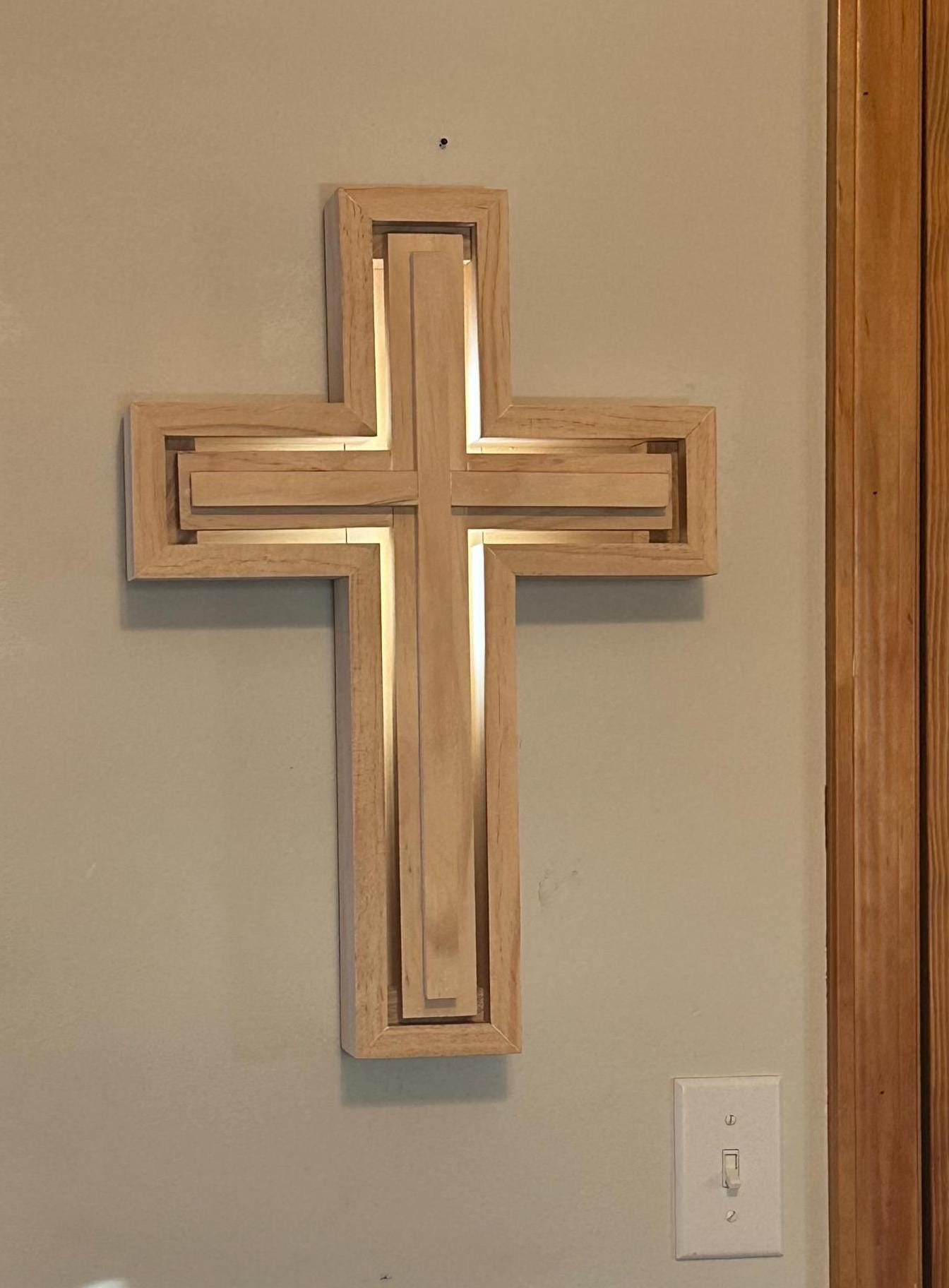 Handmade lighted Cross w/Remote control made from Natural Select Pinewood. Battery operated Batteries not Included. Size 20"h x 14"w x 2.5"d