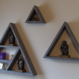 Handcrafted Floating Triangle Shelf with 2 Smaller Satellite Triangle Shelves Weathered Gray Finish