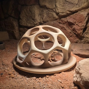 Peut inclure: Un abri pour reptile en forme de dôme beige, doté d'une structure en treillis géométrique à trous multiples et d'une base circulaire plate. Un petit dragon barbu est placé à l'intérieur, visible à travers les grandes ouvertures circulaires.
