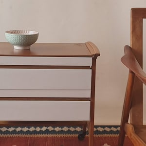 Teak tea trolley | side table with wheels | small | 60s | drawers