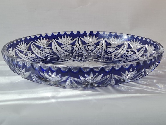 Serving plate | 24% lead crystal with diamond cut | Annahütte | Large | Cobalt blue
