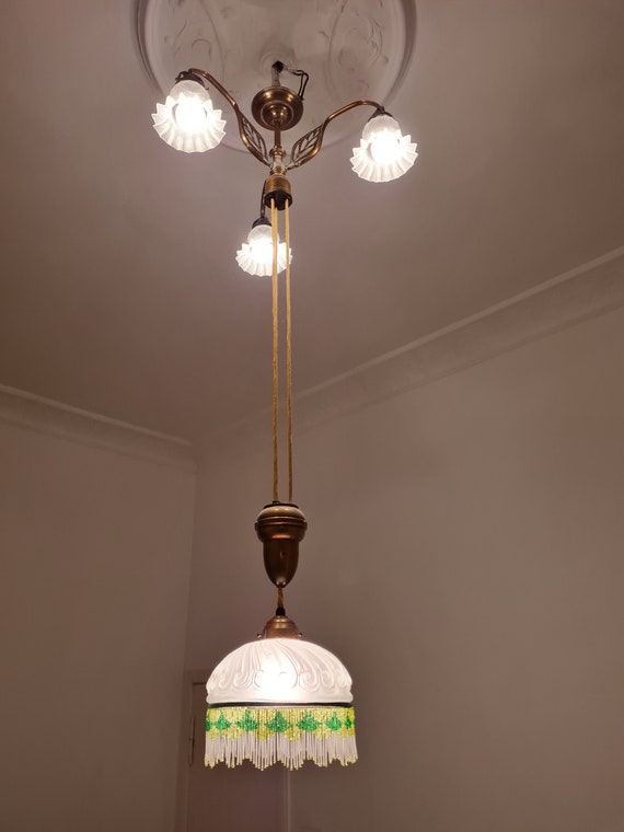 Four-fiery Gründerzeit lamp | around 1910 | Victorian with glass bead surround