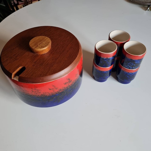 Punch bowl with cups | Ceramic with teak lid | Set | 70s
