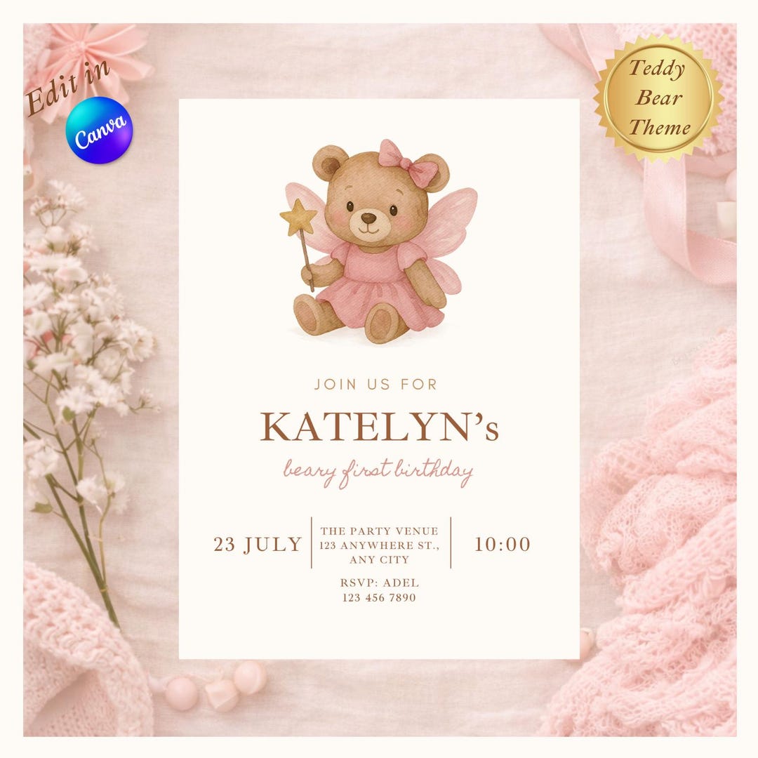 Pink Teddy Bear 1st Birthday Invitation Girl, Editable Canva Template ...