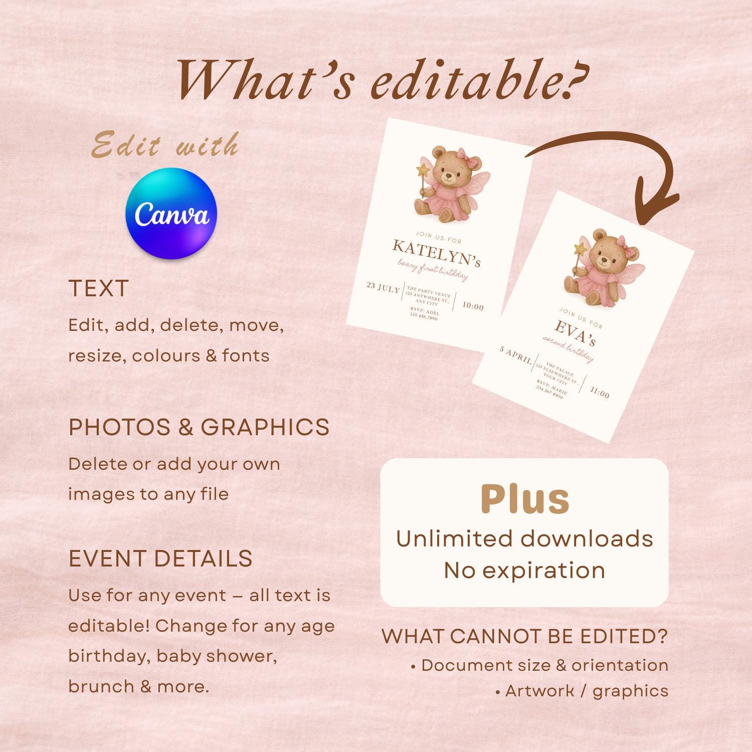 Pink Teddy Bear 1st Birthday Invitation Girl, Editable Canva Template ...