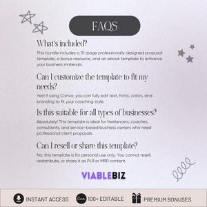 Może przedstawiać: Biało-szara grafika z tekstem "FAQs" w czarnym k&oacute;łku. Grafika zawiera informacje o 31-stronicowym szablonie propozycji, dodatkowym zasobie i szablonie e-booka. Tekst "What's included?", "Can I customize the template to fit my needs?", "Is this suitable for all types of businesses?" i "Can I resell or share this template?" jest dołączony z odpowiedziami na każde pytanie.