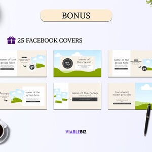 May include: A set of 25 Facebook cover templates featuring a green and blue color scheme with clouds, grass, and a place to add your logo. The text "BONUS" and "25 FACEBOOK COVERS" is displayed at the top of the image.