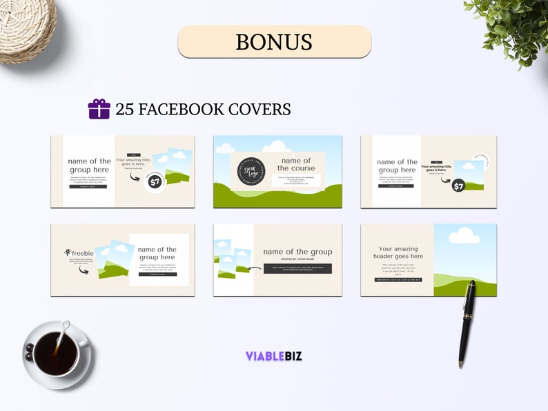 May include: A set of 25 Facebook cover templates featuring a green and blue color scheme with clouds, grass, and a place to add your logo. The text "BONUS" and "25 FACEBOOK COVERS" is displayed at the top of the image.