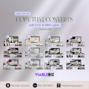 Könnte beinhalten: Eine Collage von Computerbildschirmen, die digitale Marketing-Copywriting-Vorlagen zeigen. Der Text auf den Bildschirmen lautet "Copy That Converts" mit "PLR & MRR rights" und "+ 8 Bonuses". Das Bild enthält auch den Text "VIABLEBIZ", "INSTANT ACCESS", "100+ EDITABLE" und "PREMIUM BONUSES".