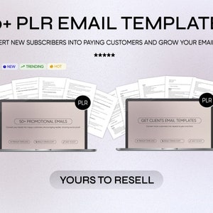 May include: A digital marketing product featuring 60+ PLR email templates for converting new subscribers into paying customers and growing an email list. The image shows two laptop screens with mockups of the email templates. The text "60+ PLR EMAIL TEMPLATES" is displayed at the top of the image.