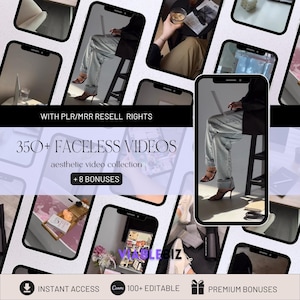 Puede incluir: Un collage de imágenes que muestran una colección de más de 350 videos sin rostro. Las imágenes muestran personas con jeans sentadas en sillas, con computadoras portátiles y tazas de café visibles. El texto "350+ FACELESS VIDEOS" se muestra en una fuente grande, junto con la frase "colección de videos estéticos".