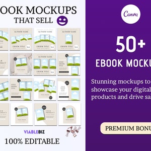 Op de afbeelding: Een verzameling van meer dan 50 ebook-mockups met verschillende ontwerpen en een groene landschapsachtergrond. De mockups zijn 100% bewerkbaar en kunnen worden gebruikt om digitale producten te presenteren en de verkoop te stimuleren. De tekst "EBOOK MOCKUPS THAT SELL" wordt bovenaan de afbeelding weergegeven.