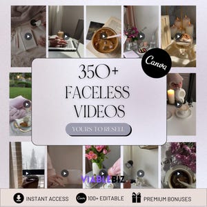 May include: A collage of images showcasing 350+ faceless videos, yours to resell. The images include a laptop, a cup of coffee, a book, a cake, flowers, and candles. The text "350+ Faceless Videos Yours to Resell" is displayed in a large font on a white background.